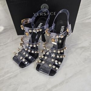 Versace Women's Crystal Embellished Heels - Black and Gold